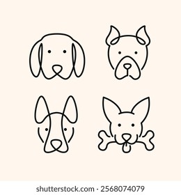 Line art dogs icons, minimalist line illustration set, vector hand drawn drawing, cute heart paws love animals, pet store visual design veterinarian, vet domestic pet doggy, puppy simple outline