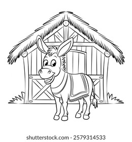 A line art donkey illustration of a coloring page 