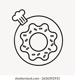 Line art of a donut with sprinkles on a plate, accompanied by a chef's hat. Simple, minimalist design of a donut. Perfect for bakery or cafe themes. Cute illustration vector.