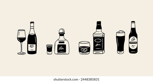 Line art doodle alcoholic drinks. Wine, beer, tequila, whiskey illustration