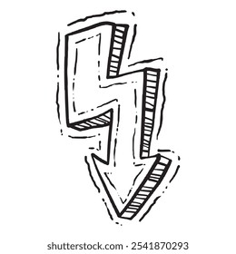 A line art doodle of an awkward arrow, drawn with clean, irregular strokes and no color. The arrow takes on a strange, unexpected direction, breaking from the typical form and creating an unusual look