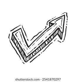 Um rabiscar de arte de linha de uma seta estranha, desenhada com traços limpos e irregulares e sem cor. A seta assume uma direção estranha e inesperada, rompendo com a forma típica e criando uma aparência incomum