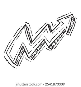 A line art doodle of an awkward arrow, drawn with clean, irregular strokes and no color. The arrow takes on a strange, unexpected direction, breaking from the typical form and creating an unusual look