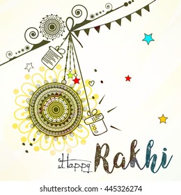 Line art doodle based greeting card deign with stylish text on the occasion of Raksha Bandhan.