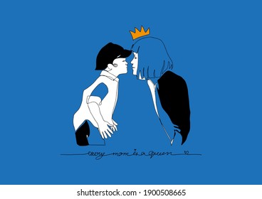 Line Art, Doodle black and white of surrealistic style of Mother and Son kissing on blue background, Mother'day in Contempolary Abtract design for Greeting card, T-shirt, Wap or Cover banner