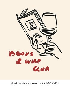 Line art doodle book and wine club print