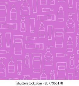 Line Art Doodle Bottles And Tubes On Purple Background. Cosmetic Products Seamless Pattern. Skincare Products. Vector Illustration