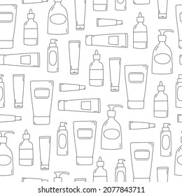 Line Art Doodle Bottles And Tubes On White Background. Cosmetic Products Seamless Pattern. Skincare Products. Vector Illustration