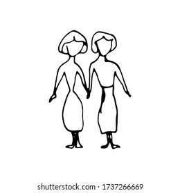 Line art doodle card of Lesbian family. Two young girl each other and hold.LGBT woman Couple. Outline Vector illustration. Isolated on white background.