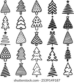 Line Art, Doodle Christmas Collection Of Decorated Trees, Merry Christmas And Happy New Year, Print On Custom T-shirts, Bags, Stationery, Poster And Stickers.