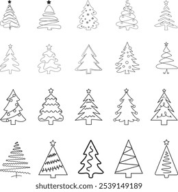 Line Art, Doodle Christmas Collection Of Decorated Trees, Merry Christmas And Happy New Year, Print On Custom T-shirts, Bags, Stationery, Poster And Stickers.