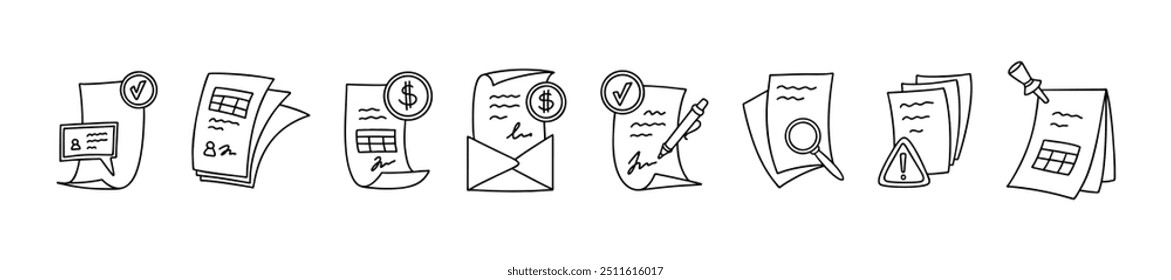 Conjunto de iconos de cv de doodle de arte de línea. Currículum vitae, solicitud de empleo, firma de contrato de trabajo, búsqueda y contratación de personal, formulario de registro, documento comercial, biografía y concepto de solicitud