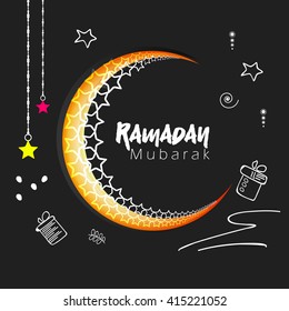 Line art doodle design with shiny moon on chalk background for Muslim's Community Festival Ramadan Kareem.

