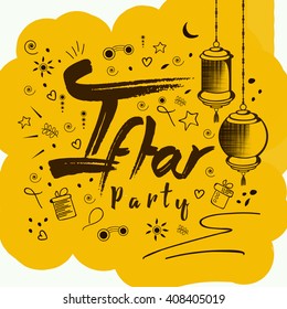 Line art doodle design with stylish and creative text of If tar Party with hanging lanterns on creative background for Islamic Festival Ramadan Kareem.
