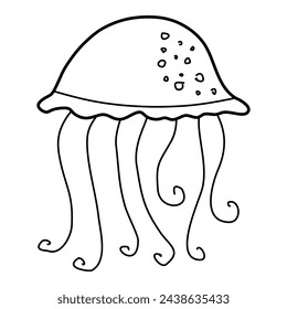 Line Art Doodle Drawing of Adorable Jellyfish. Vector Linear Illustration for Logo design, Card, Poster. See and Marine Animals Concept Object Isolated on White. Modern Outline Ocean Creature.