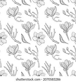 Line art doodle drawing. Hand drawn seamless pattern with magnolia flowers.