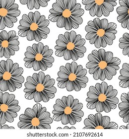 Line Art doodle flower seamless vector pattern. Repeating floral background black white orange. Use for fabric, textile, wrapping, wallpaper, coloring page, summer decor.