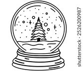 Line art doodle Hand drawn Christmas Winter graphic vector illustration isolated on white background color editable Christmas tree in a snowglobe