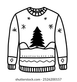 Line art doodle Hand drawn Christmas Winter graphic vector illustration isolated on white background color editable Christmas Tree Sweater pullover