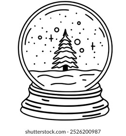 Line art doodle Hand drawn Christmas Winter graphic vector illustration isolated on white background color editable Christmas tree in a snowglobe