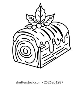 Line art doodle Hand drawn Christmas Winter graphic vector illustration isolated on white background color editable Christmas yule log cake