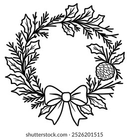 Line art doodle Hand drawn Christmas Winter graphic vector illustration isolated on white background color editable Christmas Wreath