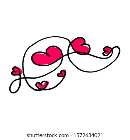 Line art doodle hearts. Cute hand-drawn black outline of hearts. Pink love signs isolated on a white background. Vector stock illustration for Valentine's Day, weddings, cards. Tangled messy line