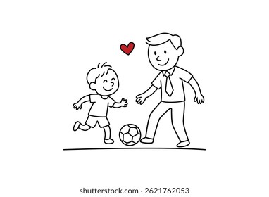 Line art doodle illustration of a father and son running and kicking a soccer ball with a heart symbol above. Perfect for Father’s Day and family activity content.
