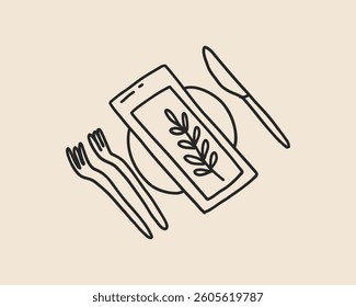 Line art doodle plate with knife and fork. Coquette whimsical kitchen utensils icon. Restaurant dinner dish service. Vector outline illustration