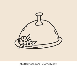 Line art doodle serving cloche. Coquette whimsical food tray icon. Restaurant dinner dish service. Vector outline illustration