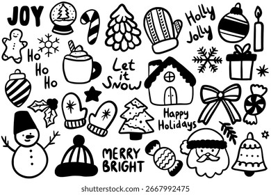 Line Art Doodle-Set aus verschiedenen Weihnachtselementen wie Baum, Geschenk, Lebkuchen, Stern, Schneeflocke, Zuckerrohr und festliche Dekorationen für Urlaubsdesigns.