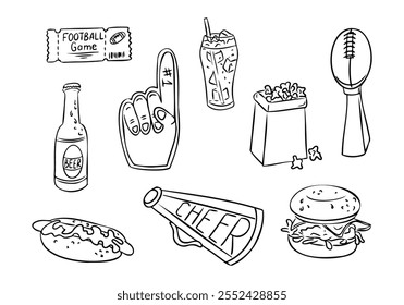 Linha de arte doodle conjunto de alimentos americanos populares e itens relacionados ao esporte, incluindo hambúrgueres, cachorros-quentes, pipoca, bebidas, dedos de espuma e ícones temáticos de futebol. Desenho de contorno vetorial sobre fundo branco