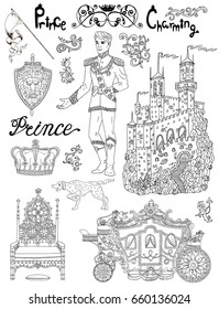 Line art doodle set with prince accessories and royal concept. Graphic vector illustration, doodle sketch with vintage design elements. Suitable for invitation, greeting cards