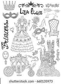 Line art doodle set with princess accessories and royal concept. Graphic vector illustration, doodle sketch with vintage design elements. Suitable for invitation, greeting cards