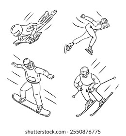 Line-Art-Doodle-Reihe von Wintersportaktivitäten wie Snowboarden, Skifahren, Eisschnelllauf und Rodeln, die dynamische Bewegung und Energie in einfachen monochromen Stil. Handgezeichnete Vektorskizzen