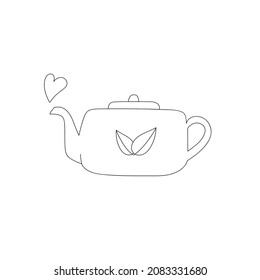 Line art doodle teapot with leaves. Hot steam in heart shape. Kitchen utensil. Isolated vector illustration 