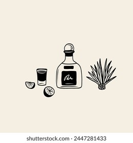 Line art doodle tequila bottle, shot, agave, lime