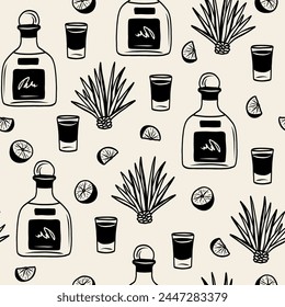 Line art doodle tequila bottle, shot, agave, lime background