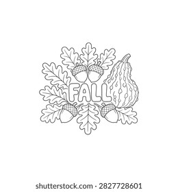 Line art doodle of textured oak acorns resting beside a warty gourd with central Fall bubble lettering.