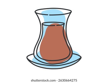 Line art doodle of traditional Turkish tea glass armuda with saucer. Hand drawn black and white sketch of hot drink. Isolated minimal illustration for design and culture projects.