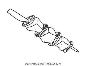 Line art doodle of Turkish shashlik with meat and tomatoes on skewer. Hand drawn black and white sketch of traditional shish kebab. Isolated vector for food design and culture themes.