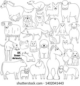 Line Art Doodle Of UK Breed Domestic Animals