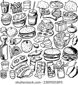 line art doodle various kinds of food, blank white background, black and white, vector illustration
