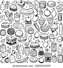 line art doodle various kinds of food, blank white background, black and white, vector illustration