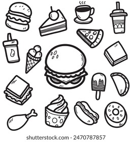 line art doodle various kinds of food, blank white background, black and white, vector illustration