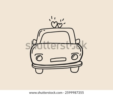 Line art doodle wedding car. Coquette whimsical marriage auto icon. Vector outline illustration