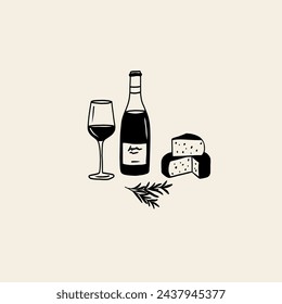 Line art doodle wine and cheese