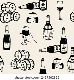 Line art doodle wine seamless pattern