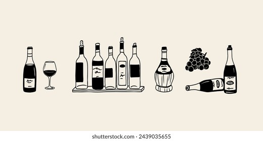 Line art doodle wine set