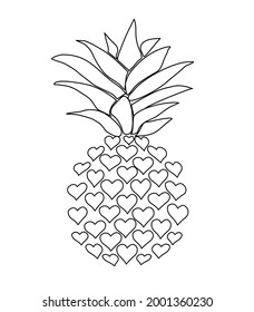 Line art, doodle,line background of Pineapple style heart cartoon isolate on white background. Concept card ,put color , cute texture, fabric. Copy space for your text. Vector illustration.